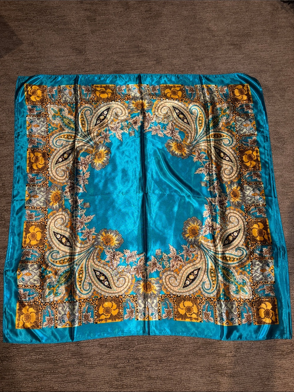 Vintage Teal Gold Paisley Square Satin Scarf Silk Feel